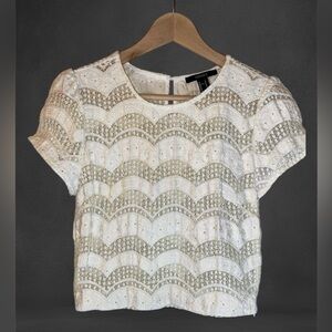 The MOST Demure Cap Sleeve Scallop Cotton Blend Lace Crop Side Zip Forever21 Med